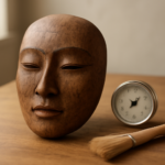 Topeng kayu dengan retakan halus di atas meja kayu, ditemani higrometer dan kuas lembut