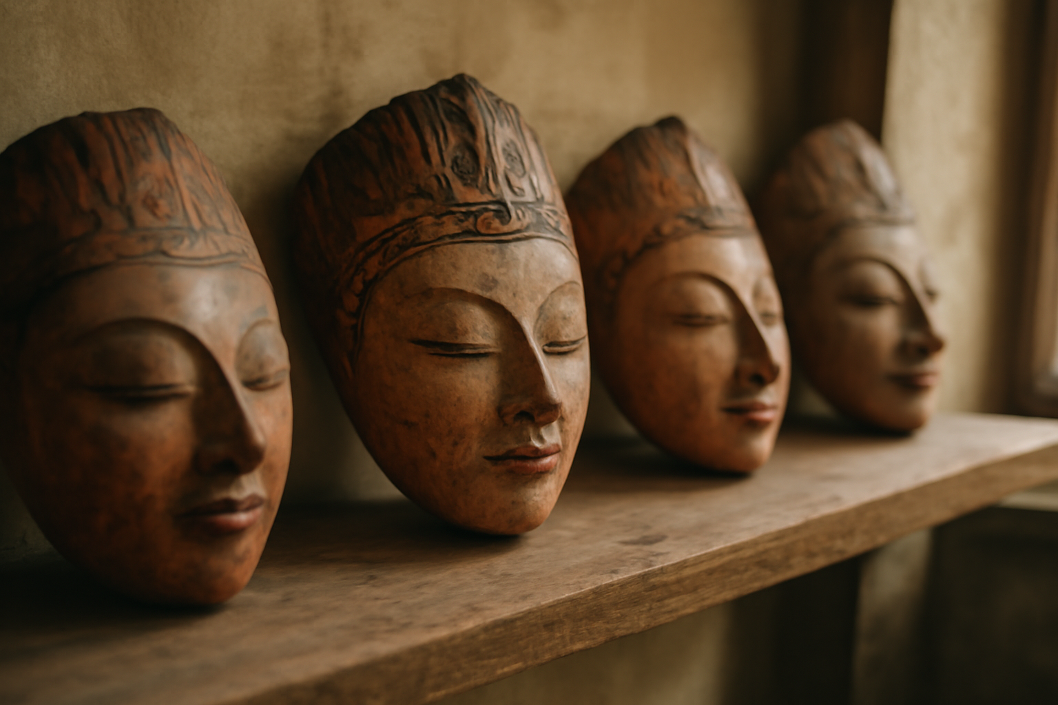 Deretan topeng tradisional Indonesia dari kayu berukir dengan warna khas dipajang di rak kayu